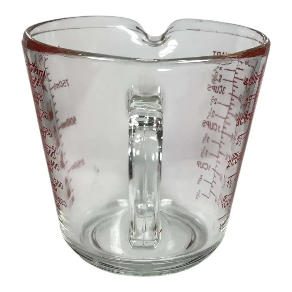 Vintage Pyrex Glass Measuring Cup Red Lettering D Handle 4 Cup 1 Quart #532